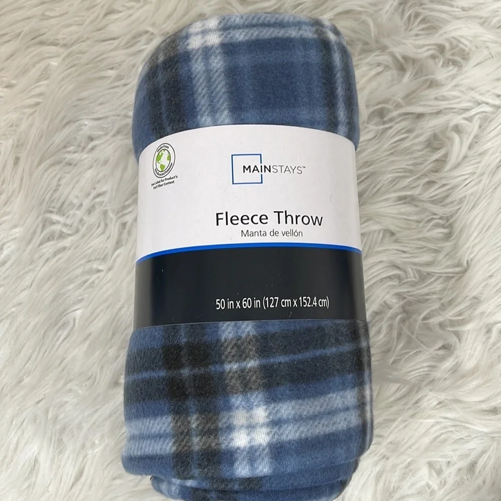 MAINSTAY FLEECE THROW PLAID BLUE BLACK & WHITE BLANKET NEW